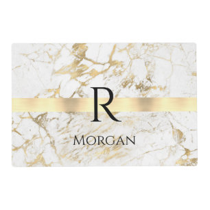  DIY Name & Monogram Blk Text, White & Gold Marble Placemat
