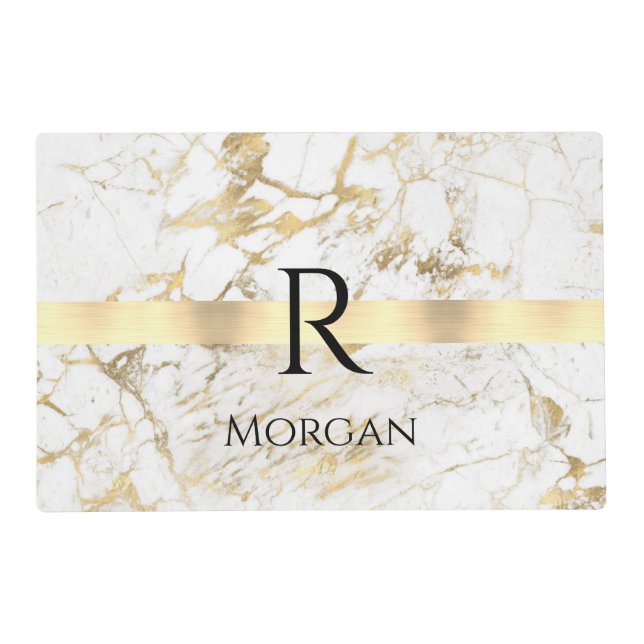  DIY Name & Monogram Blk Text, White & Gold Marble Placemat (Front)