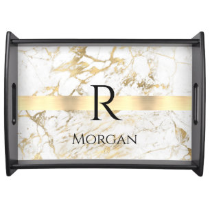 DIY Name & Monogram Blk Text, White & Gold Marble Serving Tray