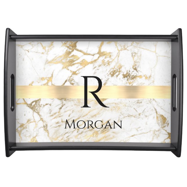  DIY Name & Monogram Blk Text, White & Gold Marble Serving Tray (Front)