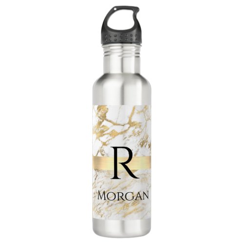  DIY Name  Monogram Blk Text White  Gold Marble Stainless Steel Water Bottle