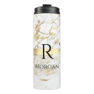DIY Name & Monogram Blk Text, White & Gold Marble Thermal Tumbler