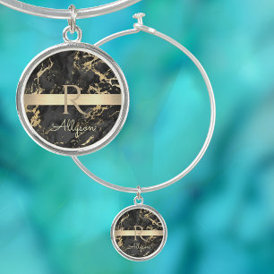 DIY Name & Monogram, Gold Bar, Black & Gold Marble Bangle Bracelet