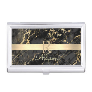 DIY Name & Monogram, Gold Bar, Black & Gold Marble Business Card Case