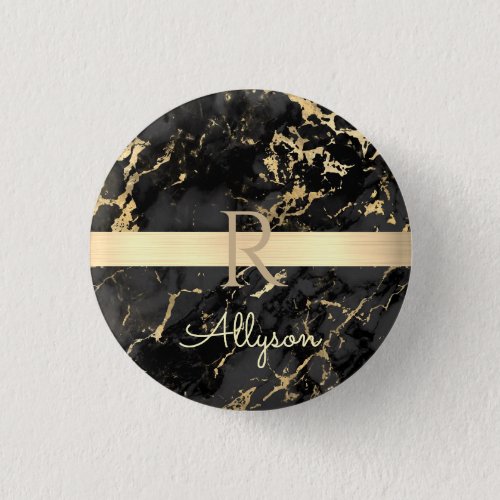 DIY Name  Monogram Gold Bar Black  Gold Marble Button