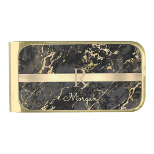 DIY Name & Monogram, Gold Bar, Black & Gold Marble Finish Money Clip