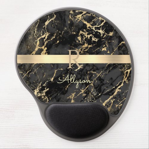 DIY Name  Monogram Gold Bar Black  Gold Marble Gel Mouse Pad