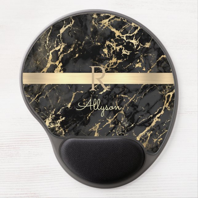 DIY Name & Monogram, Gold Bar, Black & Gold Marble Gel Mouse Pad (Front)
