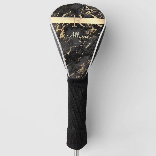 DIY Name & Monogram, Gold Bar, Black & Gold Marble Golf Head Cover (Front)