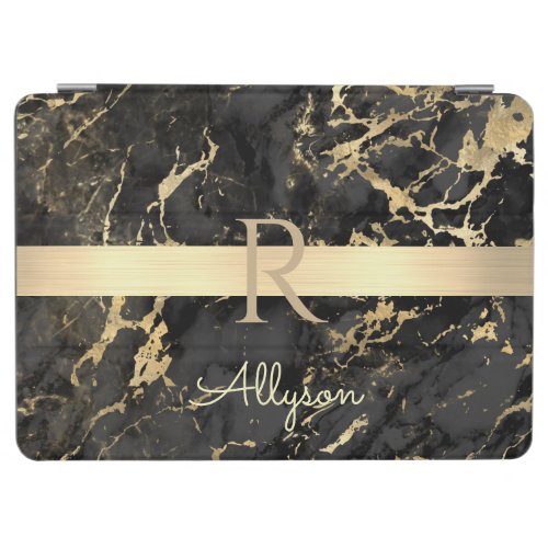 DIY Name  Monogram Gold Bar Black  Gold Marble iPad Air Cover