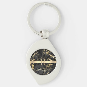 DIY Name & Monogram, Gold Bar, Black & Gold Marble Keychain