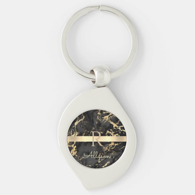 DIY Name & Monogram, Gold Bar, Black & Gold Marble Keychain (Front)