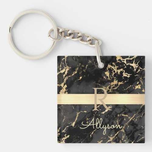 DIY Name  Monogram Gold Bar Black  Gold Marble Keychain