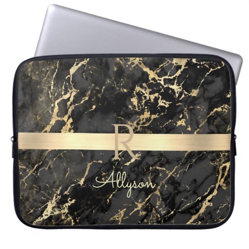 DIY Name  Monogram Gold Bar Black  Gold Marble Laptop Sleeve