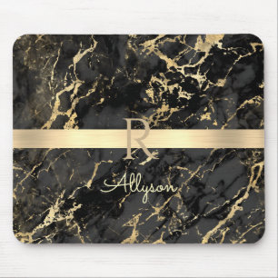 DIY Name & Monogram, Gold Bar, Black & Gold Marble Mouse Pad