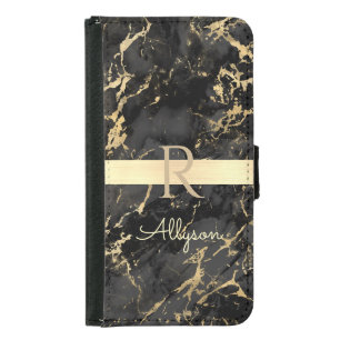 DIY Name & Monogram, Gold Bar, Black & Gold Marble Samsung Galaxy S5 Wallet Case
