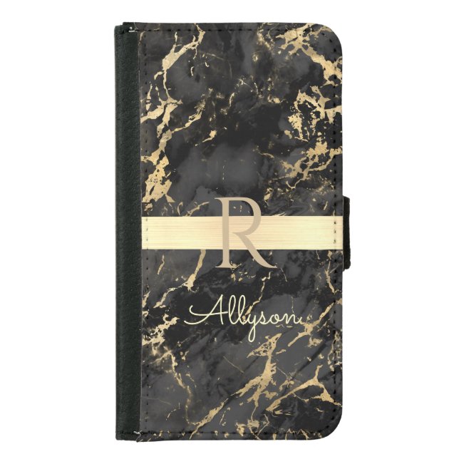 DIY Name & Monogram, Gold Bar, Black & Gold Marble Samsung Galaxy Wallet Case (Front)