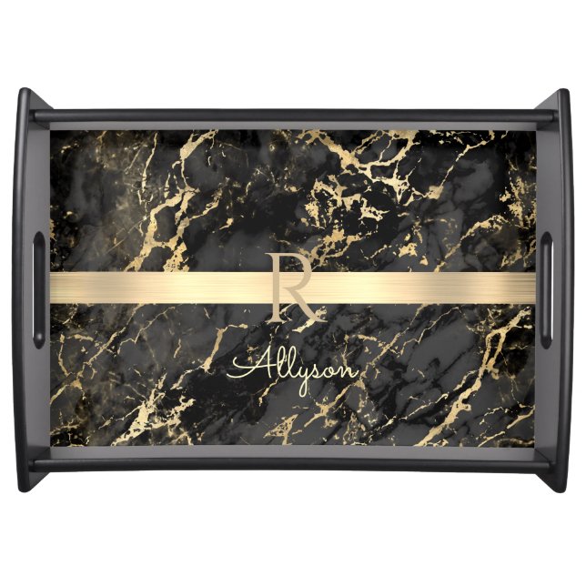 DIY Name & Monogram, Gold Bar, Black & Gold Marble Serving Tray (Front)