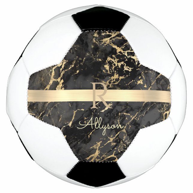 DIY Name & Monogram, Gold Bar, Black & Gold Marble Soccer Ball (Front)