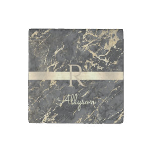 DIY Name & Monogram, Gold Bar, Black & Gold Marble Stone Magnet