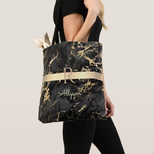 DIY Name  Monogram Gold Bar Black  Gold Marble Tote Bag