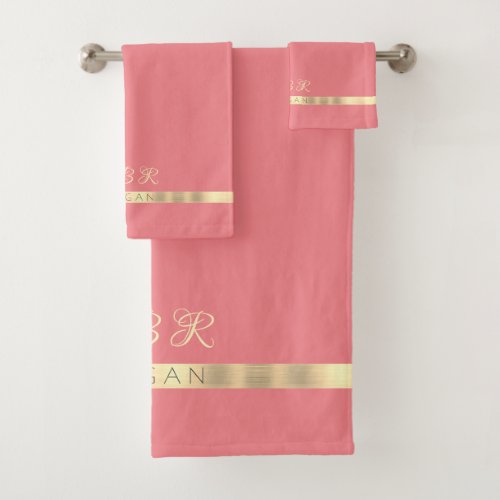 DIY Name  Monogram Gold Stripes Pink Salmon Bath Towel Set