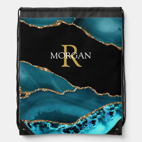 DIY NameMonogram Gold White Teal Blk Gold Agate Drawstring Bag