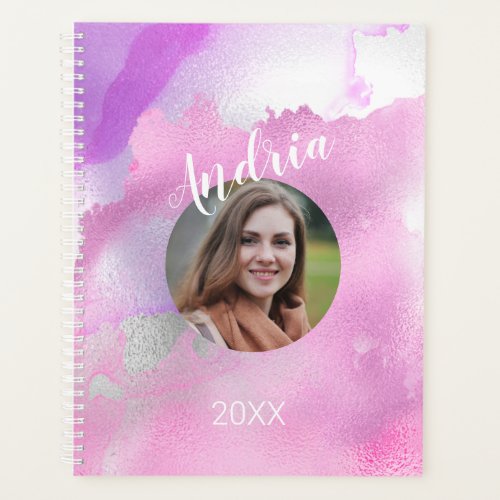 DIY Name Photo Year Purple Pink White Watercolor Planner