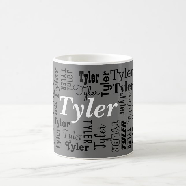 DIY Name Repeated Many Times Black & White on Gray Coffee Mug (Center)