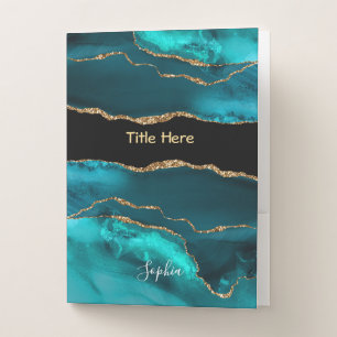 DIY Name & Title, Teal & Gold Agate, Black Pocket Folder