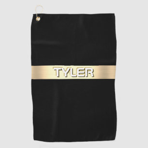DIY Name White, Brushed Gold Stripe, Black Golf Towel