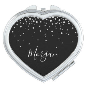 DIY Name White Script & White Diamonds, Black Compact Mirror