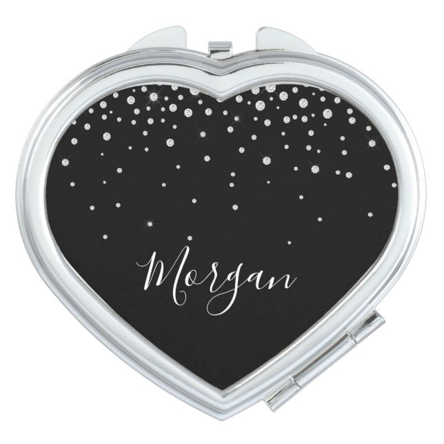 DIY Name White Script & White Diamonds, Black Compact Mirror (Front)