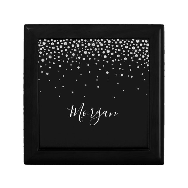 DIY Name White Script & White Diamonds, Black Gift Box (Front)