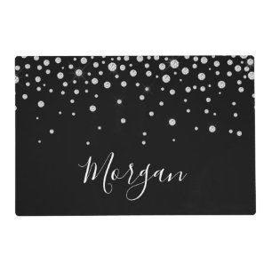 DIY Name White Script & White Diamonds, Black Placemat