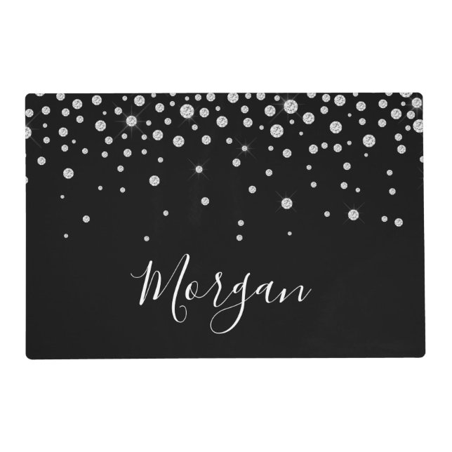 DIY Name White Script & White Diamonds, Black Placemat (Front)
