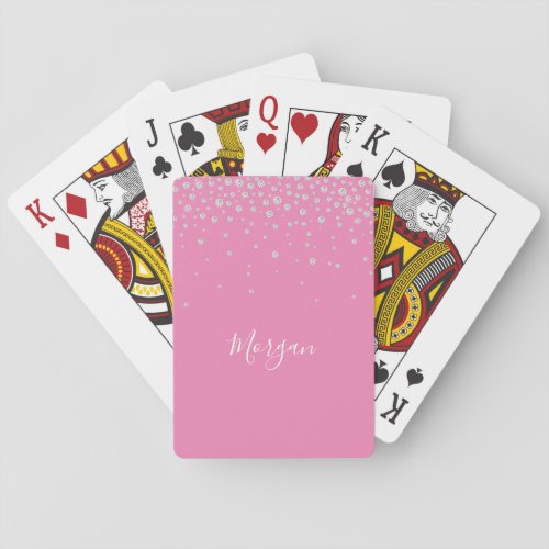 DIY Name White Script  White Diamonds Pink Playing Cards