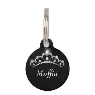 DIY Name White, White Diamond Crown Sparkle, Black Pet ID Tag