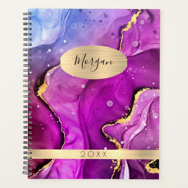 DIY Name & Year, Red Violet & Gold Ink Abstract Planner (Front)
