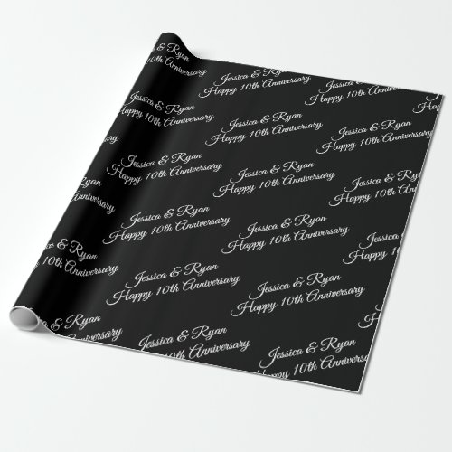 DIY Names Anniversary Year White Script on Black Wrapping Paper