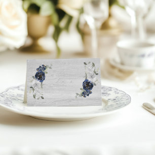 DIY Navy Blue Silver Gray Wood Floral Wedding Place Card