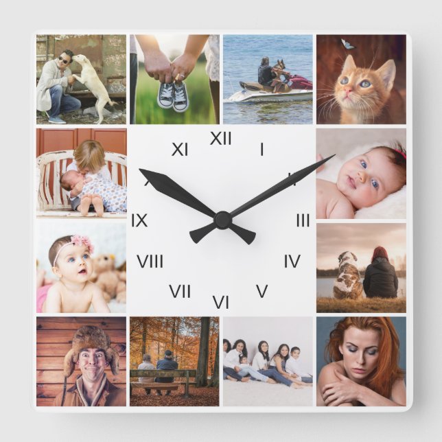 DIY OUR FAMILY | 12 photo collage Roman numerals Square Wall Clock (Front)