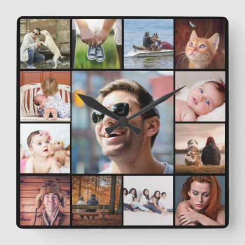 DIY OUR FAMILY  13 photo collage on black Square Wall Clock