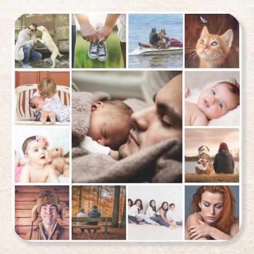 DIY OUR FAMILY  13 photo collage personalize Square Paper Coaster
