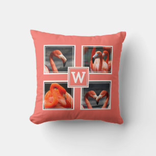 DIY Own Theme 4 Photo Collage Monogram Coral Throw Pillow