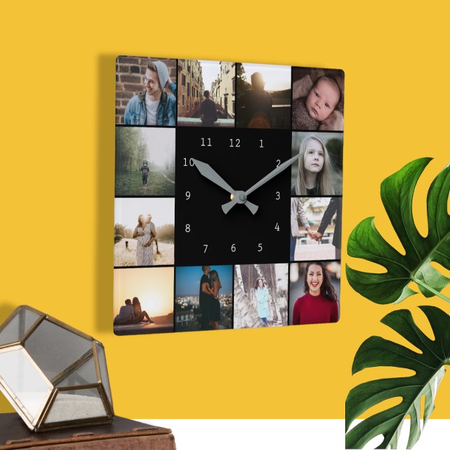 DIY Personalized 12 Photo Collage Template Square Wall Clock (Creator Uploaded)
