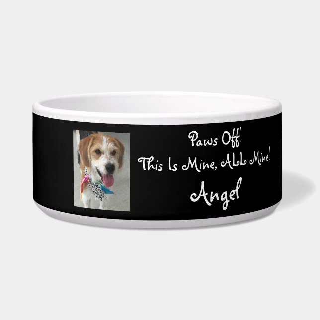 DIY Pet Name, Photo, Message “Paws off!" Black Bowl (Front)
