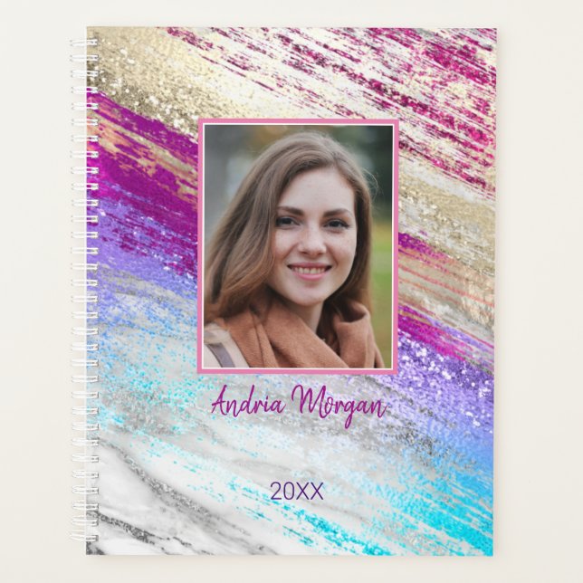 DIY Photo/Name/Year/Teal Fuchsia Purple Gold Art Planner (Front)