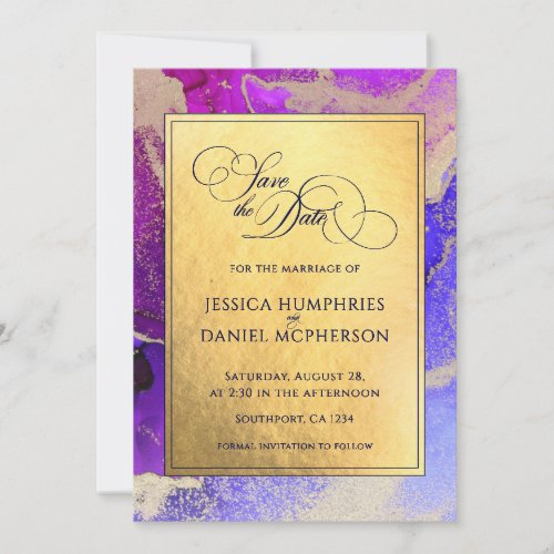DIY Photo Purple Gold Abstract Wedding Flat 2 Save The Date