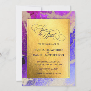 DIY Photo Purple Gold Abstract Wedding Flat Save The Date
